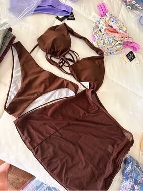 Brown Women's Triangle Bikini Set with Mesh Skirt